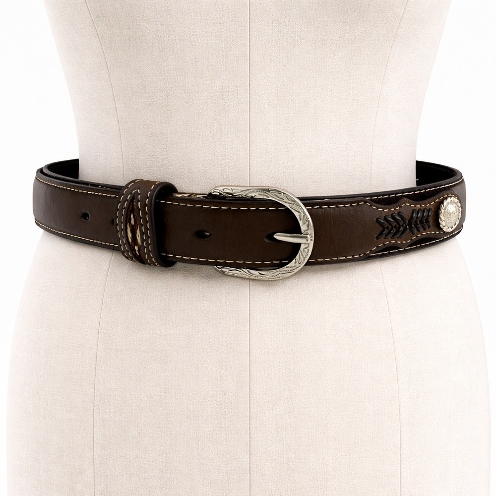 Nocona Belt Co Brown Leather Western‎ Horsehair Inlay Concho Belt SZ 28 N441580